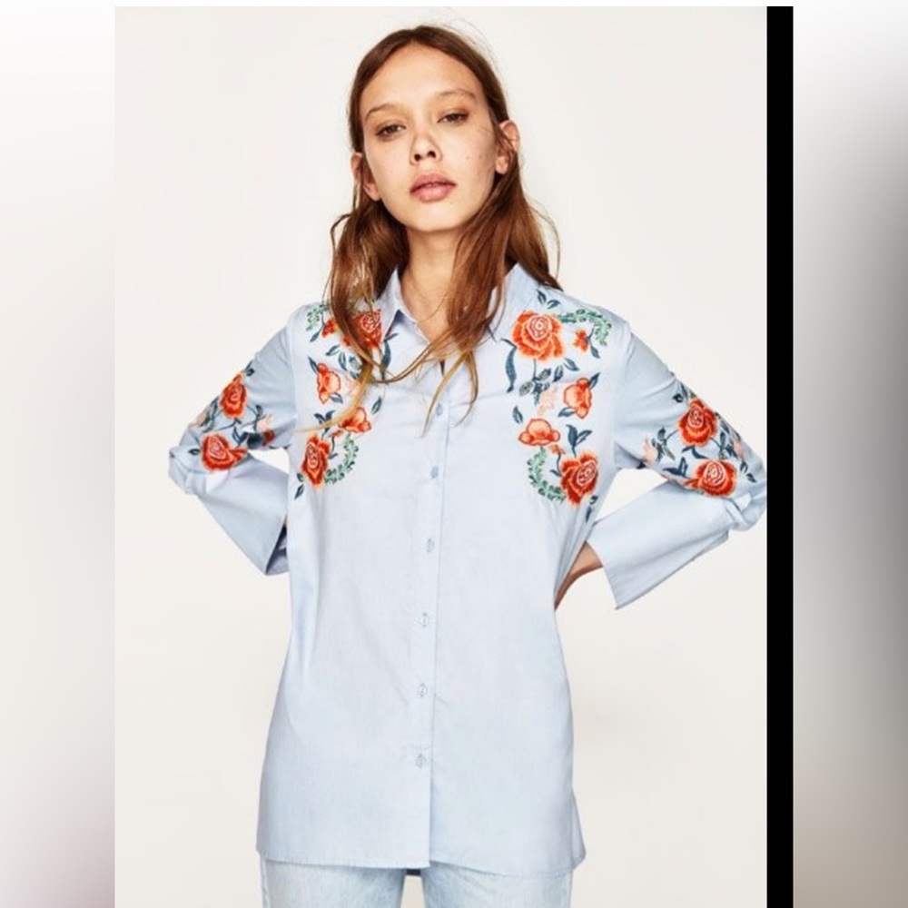 Zara-embroidered cotton shirt,floral embroidery 
Flared cuffs